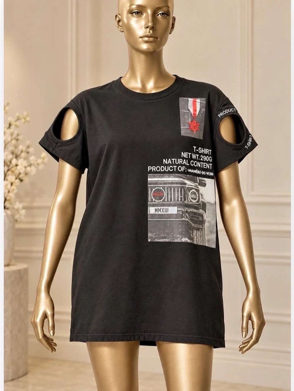 MANIÈRE DE VOIR Graphic Cutout Sleeve Tee Black & Red Waist 6